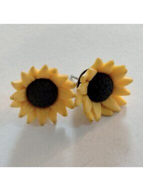 Sunflower Earrings Floral Yellow Black Handmade Pierced Post Stud